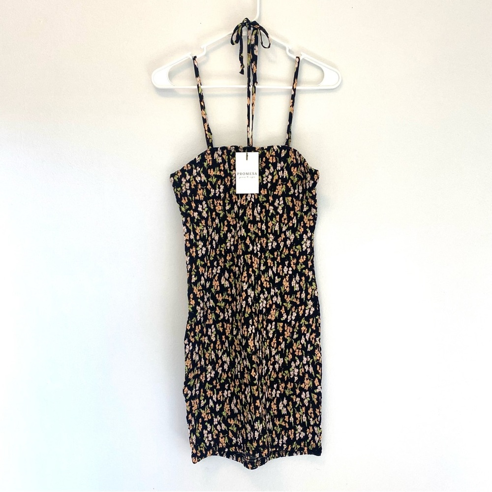 Floral Shirred halter tie/ straps midi dress